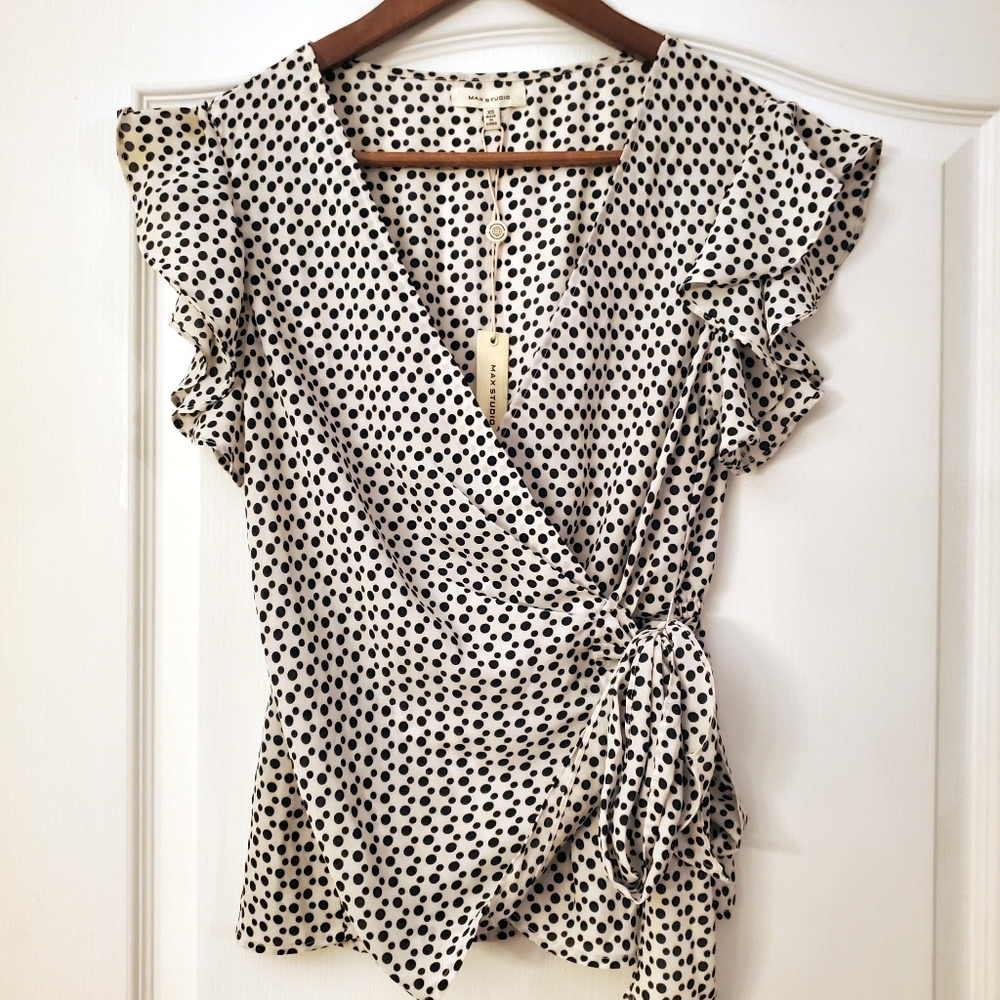 Max Studio Faux Black Off White  Wrap Top XS NWT